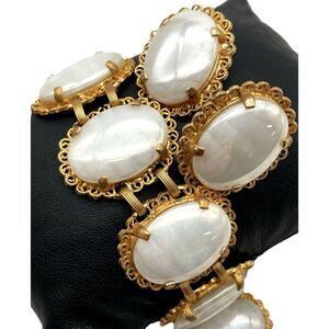 Judy Lee luster glass cabochons filigree gold tone bracelet earrings set vintage